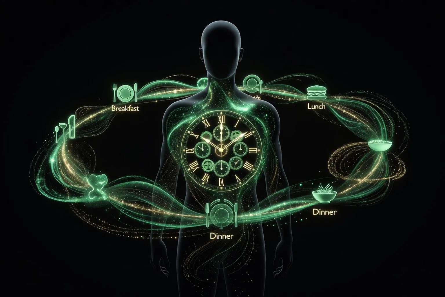 Silhouette humaine avec horloge circadienne intérieure éclairée, icônes de repas aux heures optimales, tonalités émeraude et or