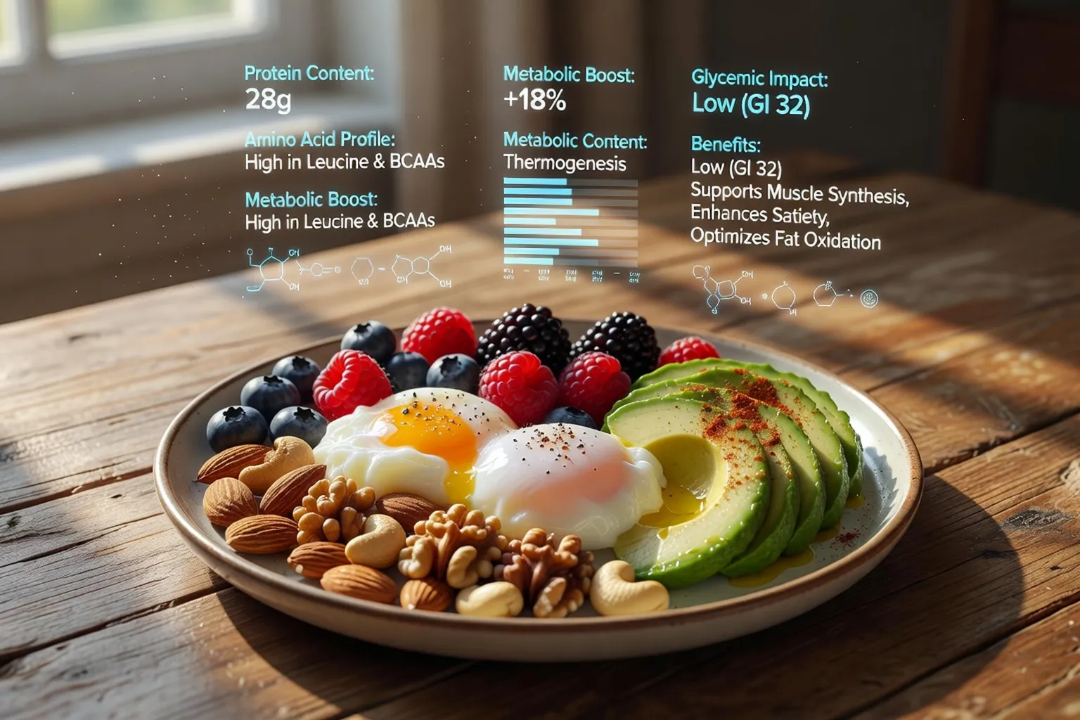 Petit-déjeuner protéiné photoreáliste : œufs, avocat, noix, baies sur table en bois, lumière matinale naturelle