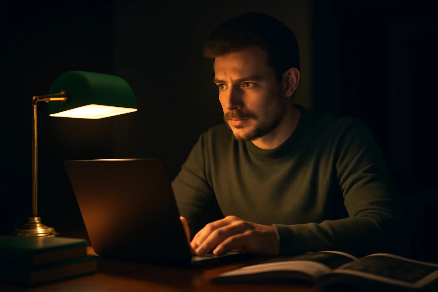 Homme travaillant tard le soir sur un ordinateur portable, éclairé par une lampe de bureau