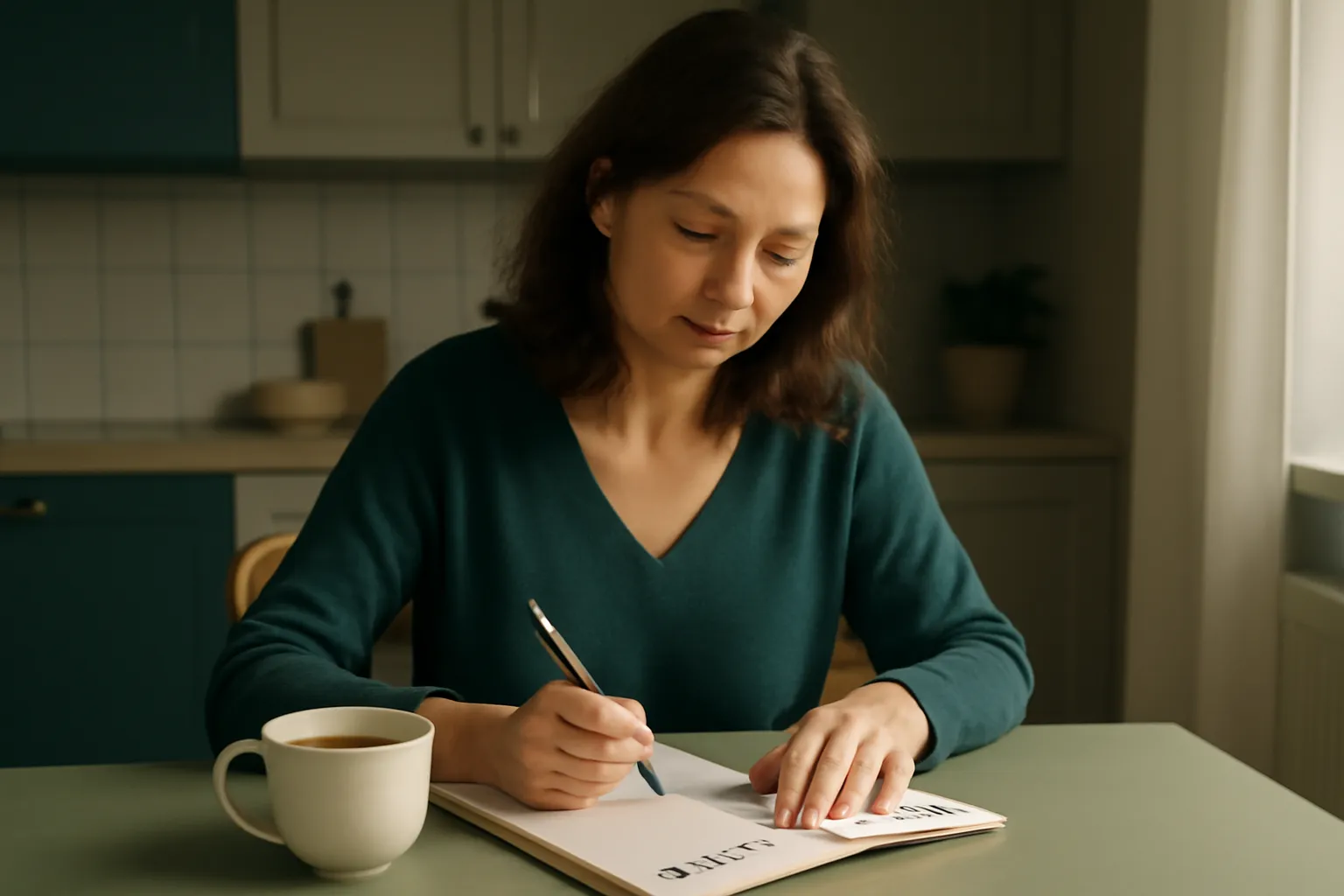Femme tenant un journal de sommeil papier et un café dans une cuisine le matin