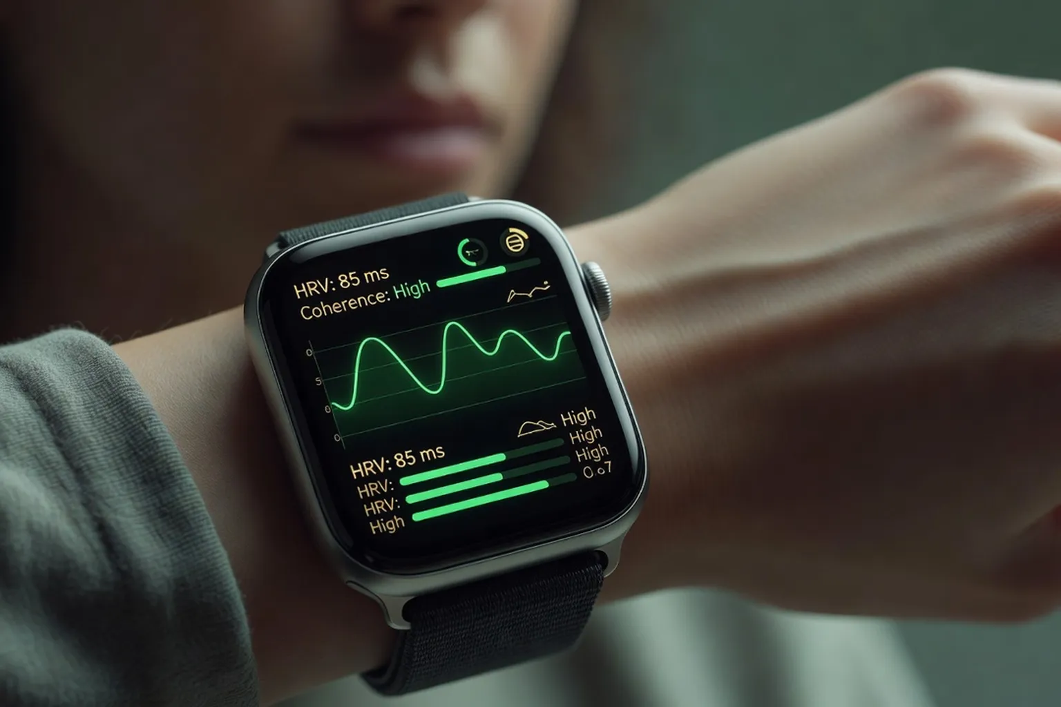 Cohérence cardiaque et HRV : interface d'une application biofeedback montrant les oscillations cardiaques en cohérence, tons verts et dorés