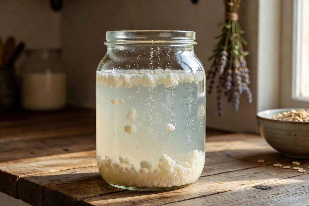 Bocal de kéfir avec bulles de fermentation, ambiance cuisine naturelle