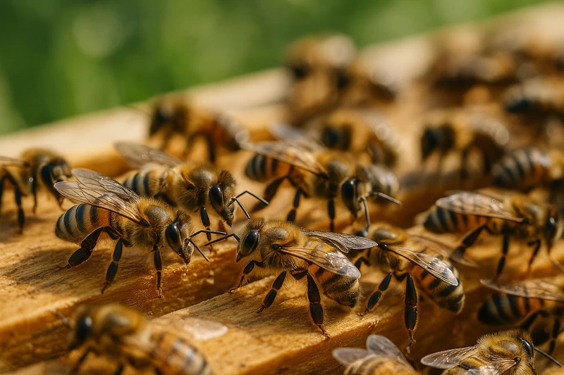 Photographie d’une ruche en bois avec des abeilles butinant au printemps, illustration de l’apithérapie et de la production de gelée royale