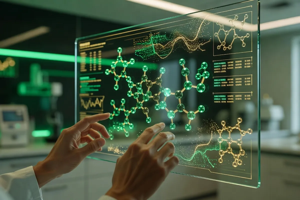 Chercheuse analysant des données génomiques sur plusieurs écrans dans un laboratoire de biologie computationnelle, avec graphiques et séquences ADN affichés