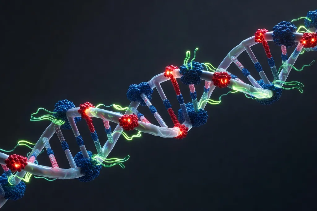 Visualisation 3D d'une molécule d'ADN avec marques épigénétiques colorées