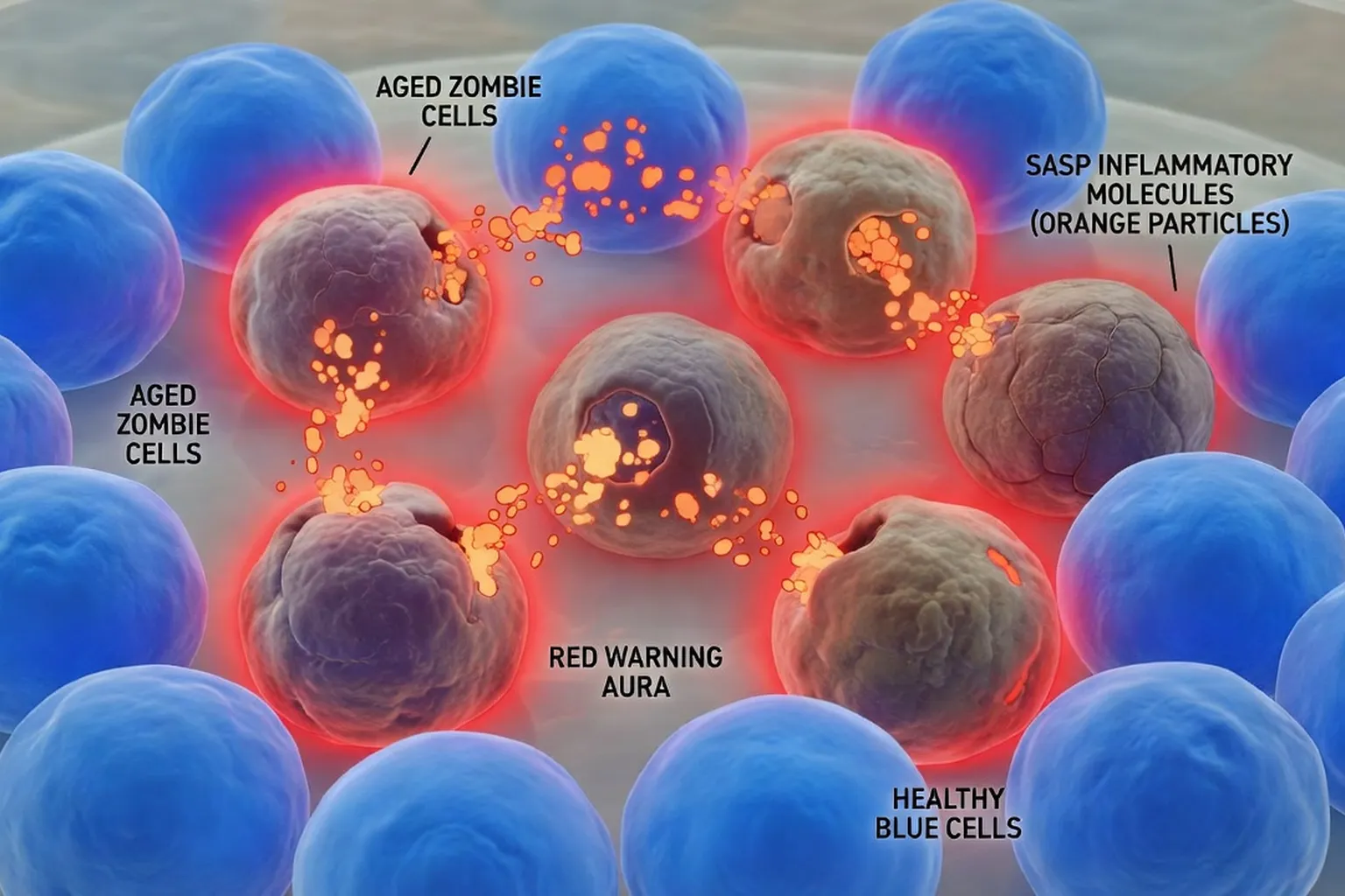 Visualisation scientifique des cellules sénescentes : cellules "zombies" avec halo inflammatoire orange, entourées de cellules bleues saines