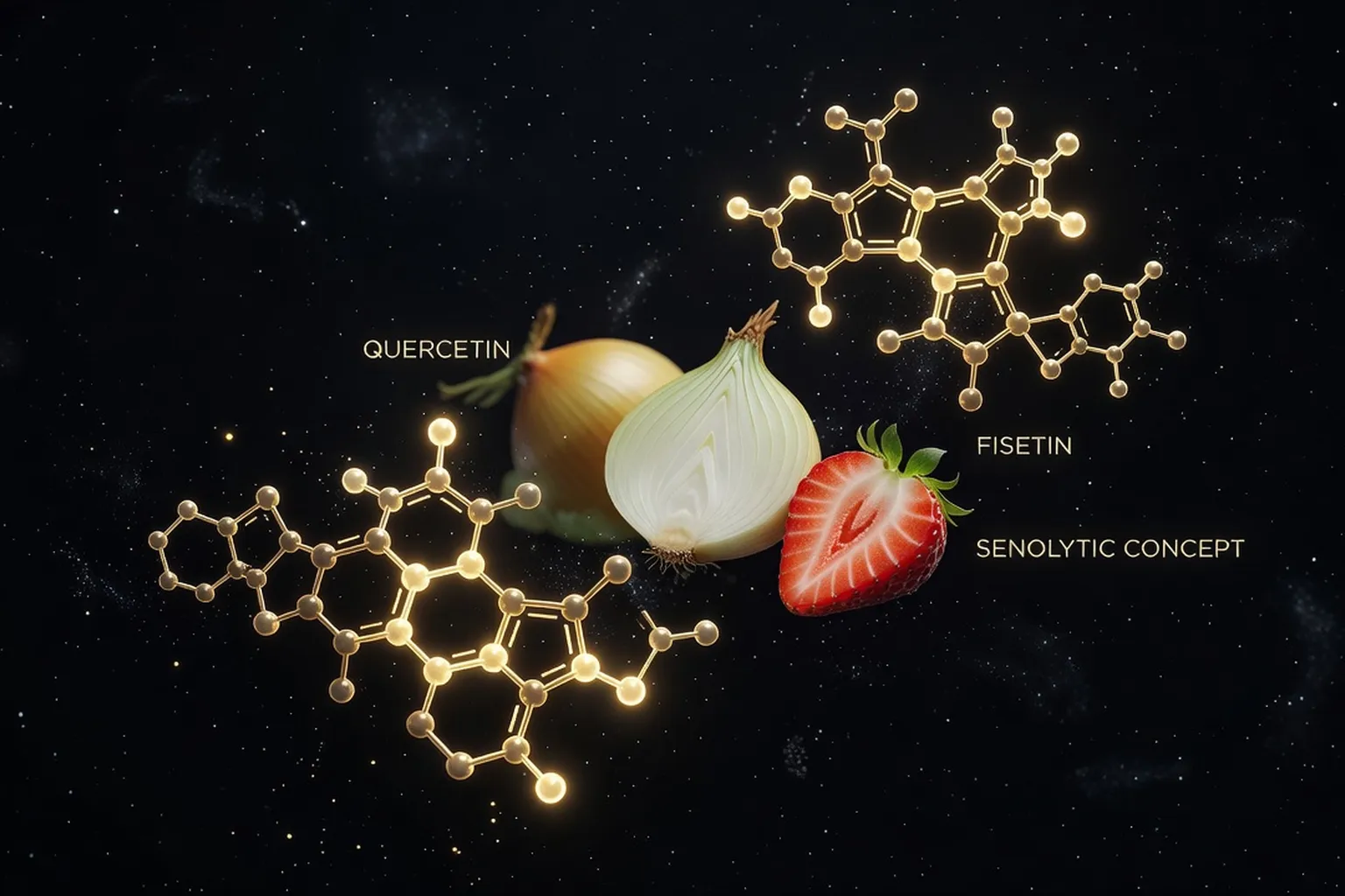 Structures moléculaires de la quercétine et de la fisétine avec leurs sources botaniques (oignon, fraise) en arrière-plan, esthétique magazine scientifique