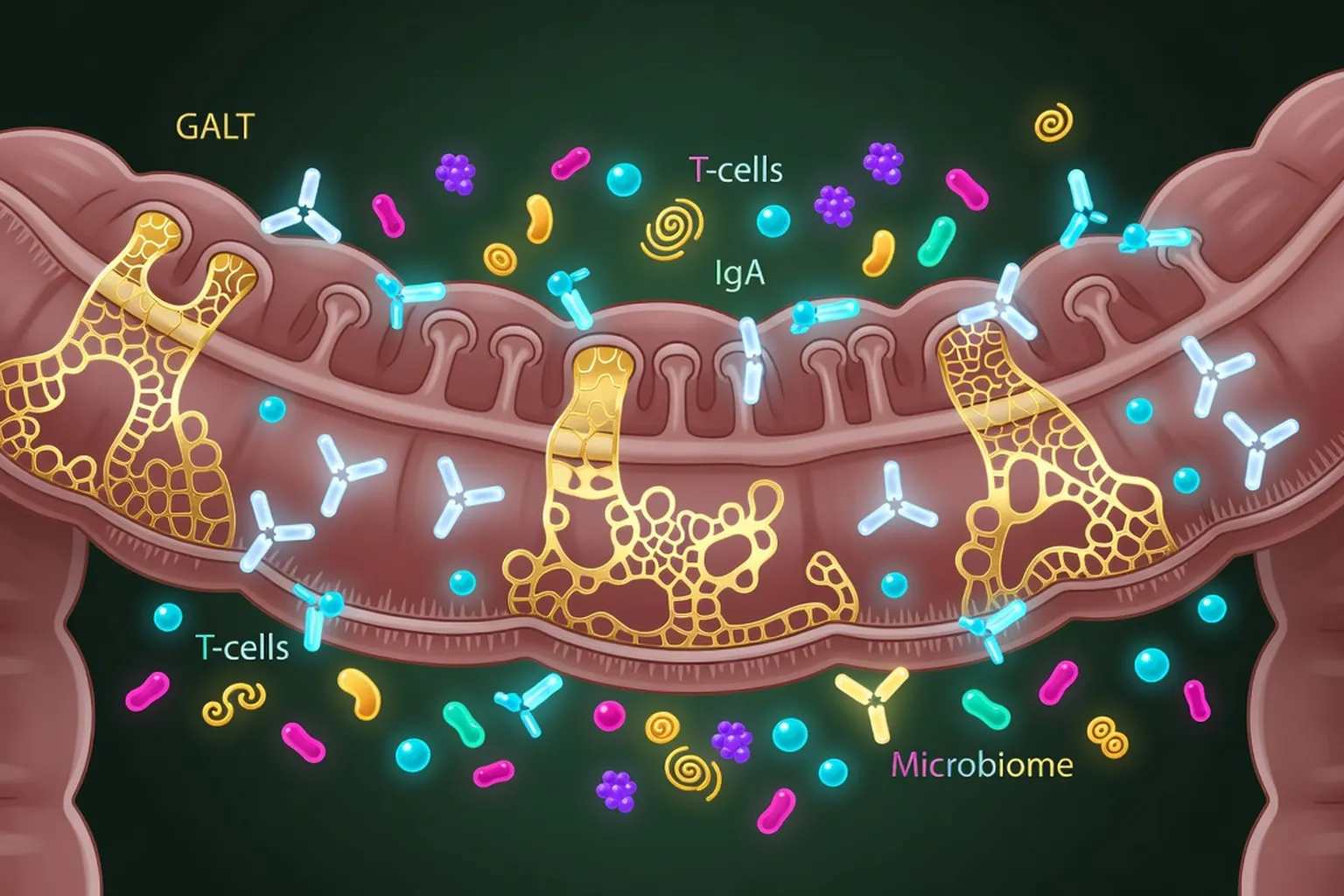Vue en coupe de l'intestin avec les structures immunitaires du GALT et les bactéries du microbiome en lumière émeraude