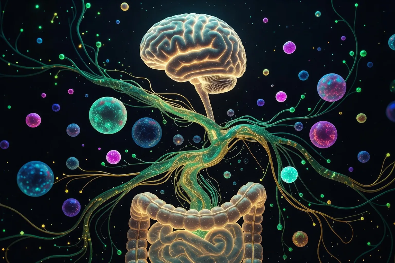 Axe intestin-cerveau : connexion neuronale entre le tube digestif et le cerveau, avec bactéries en suspension entre les deux organes