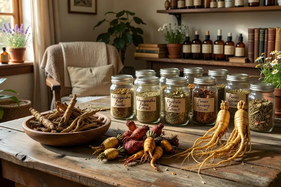 Ashwagandha, rhodiole et ginseng séchés en composition botanique, lumière naturelle chaude