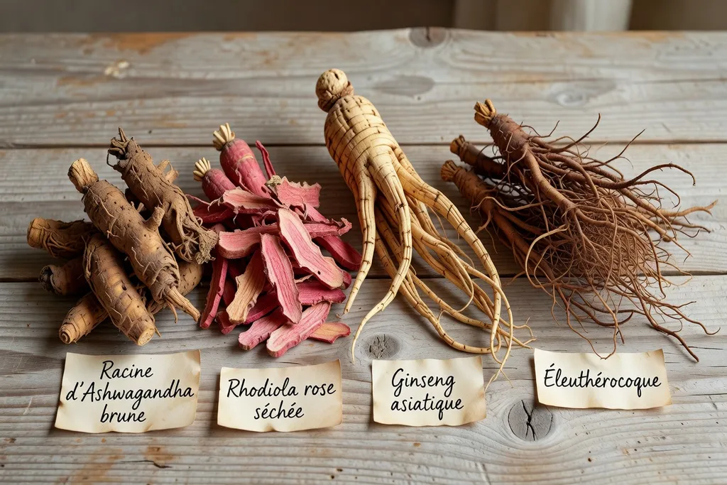 Plantes adaptogènes séchées : rhodiole, ashwagandha et ginseng en composition botanique