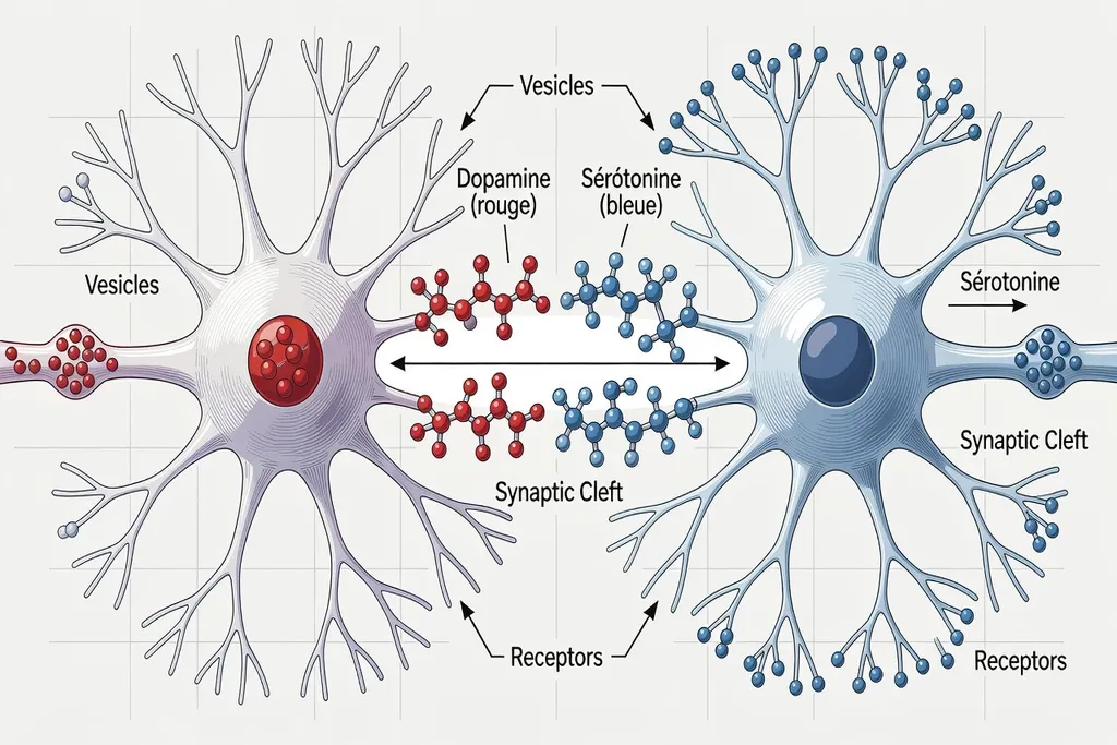 Schéma des neurotransmetteurs dopamine et sérotonine – Illustration scientifique