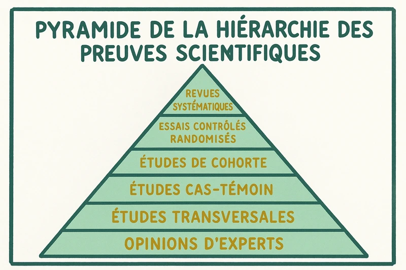 Pyramide de la hiérarchie des preuves scientifiques dessinée sur un tableau blanc dans un bureau lumineux