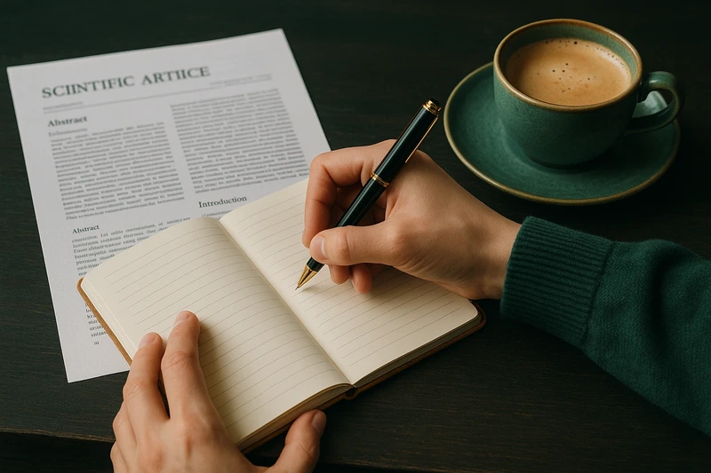 Mains prenant des notes dans un carnet à côté d’un article scientifique imprimé et d’un café sur un bureau en bois