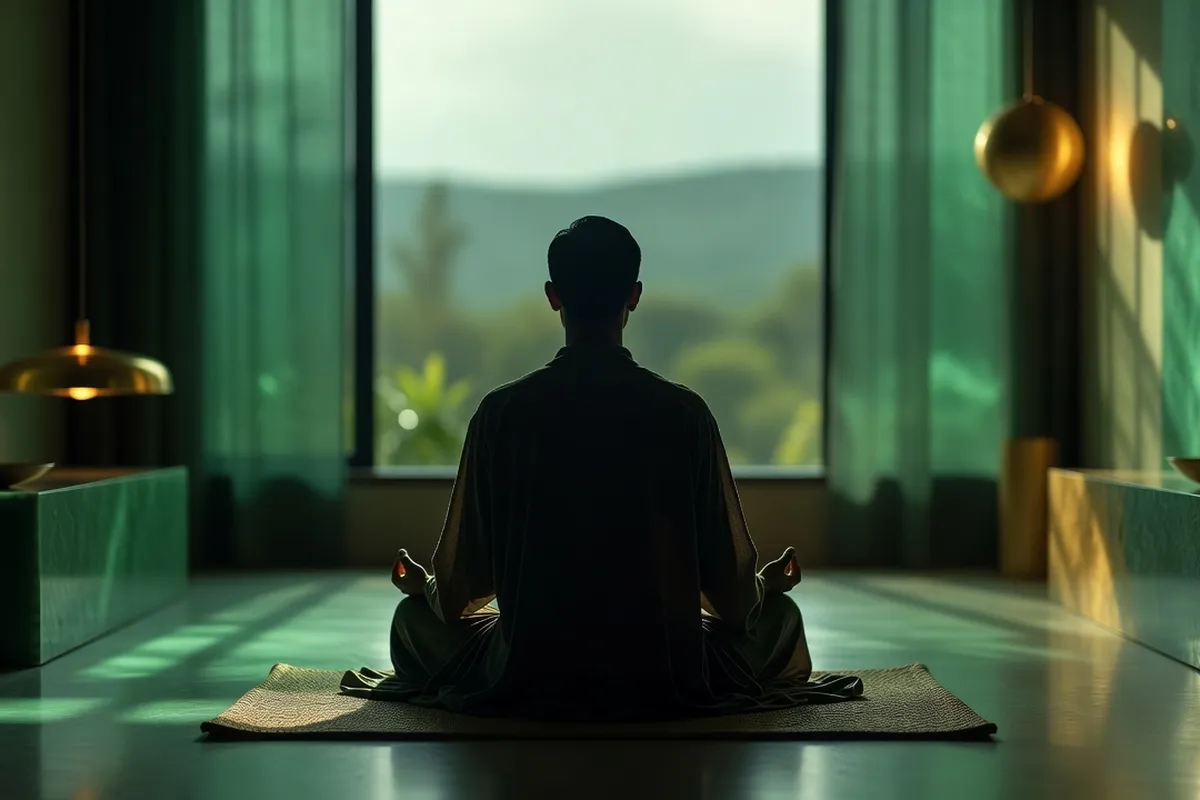 Personne en méditation assise, dans un environnement calme et lumineux, illustrant la pratique de la pleine conscience