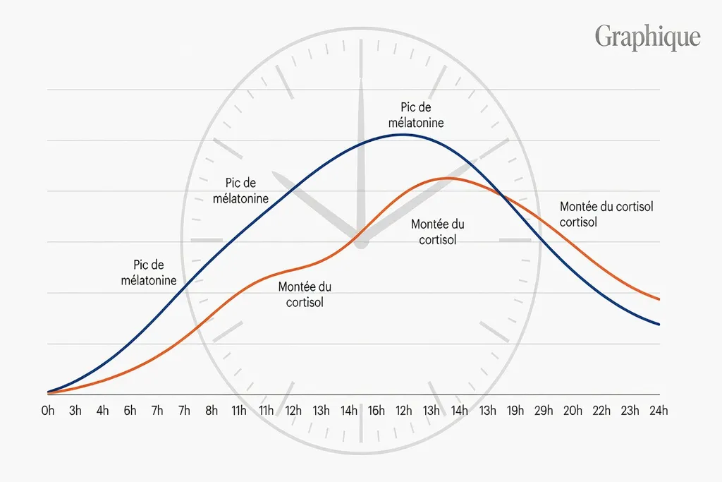 Courbe circadienne mélatonine et cortisol sur 24 heures
