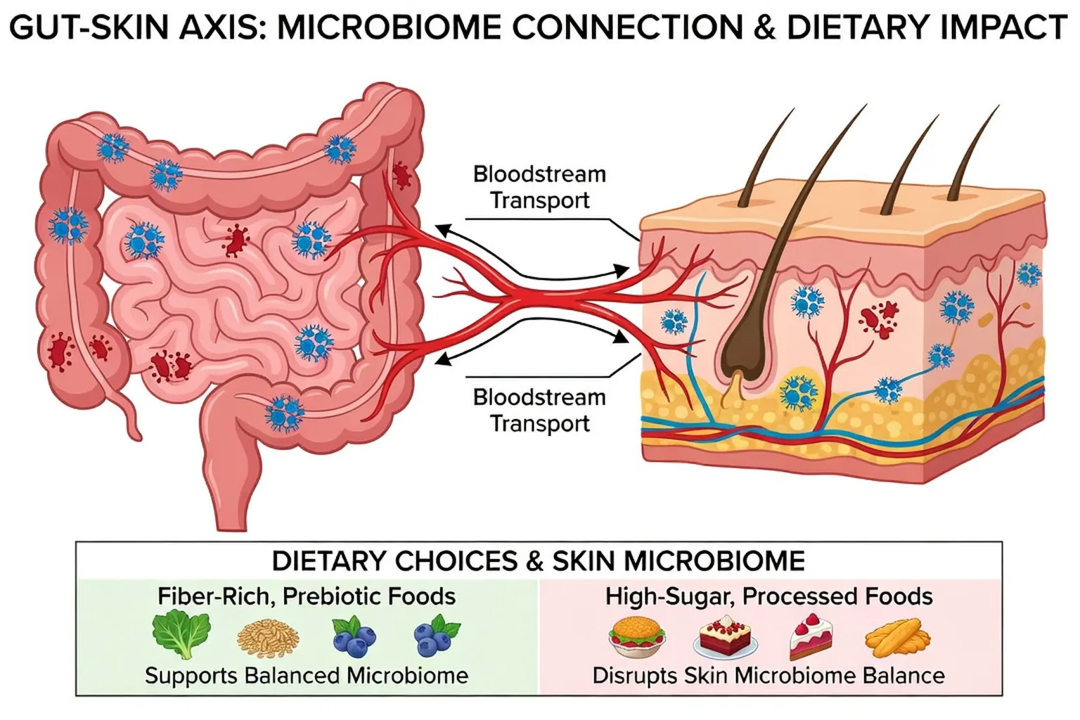 Axe intestin-peau : microbiome intestinal influençant la santé cutanée via la circulation