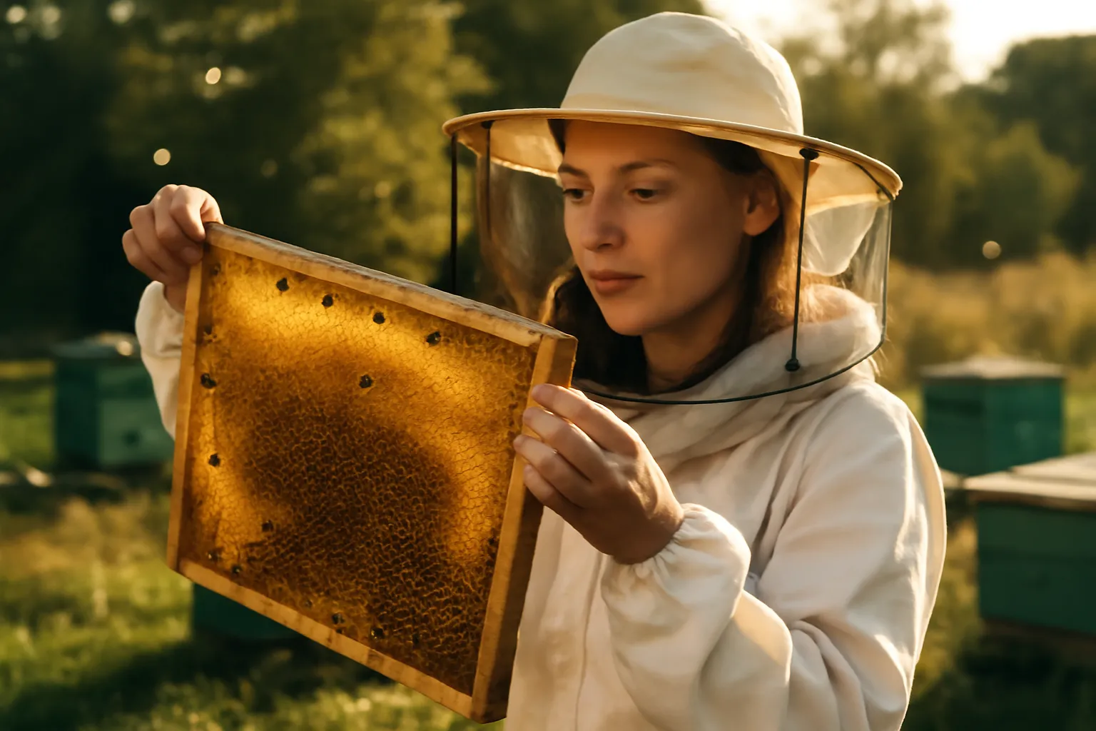 Apicultrice examinant un cadre de rayon de miel dans un rucher au coucher du soleil