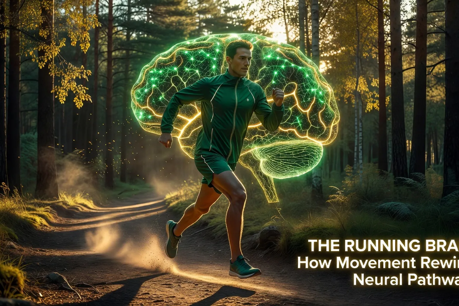 Personne courant au lever du soleil avec superposition d'un scan cérébral montrant les connexions neuronales actives
