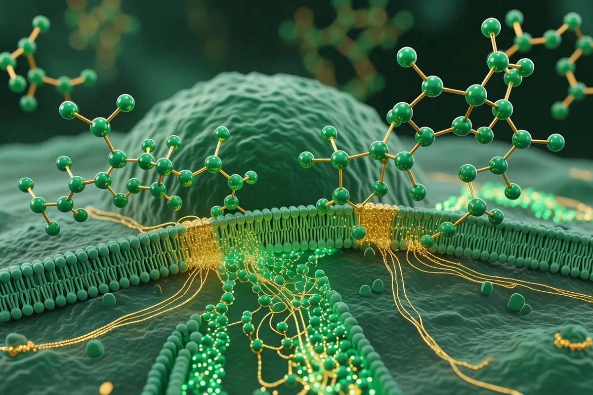 Représentation moléculaire de polyphénols interagissant avec une cellule et ses voies de signalisation