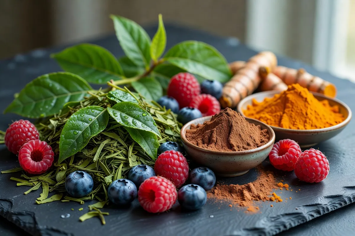 Illustration d'aliments riches en polyphénols : thé vert, baies, cacao, curcuma et grenade