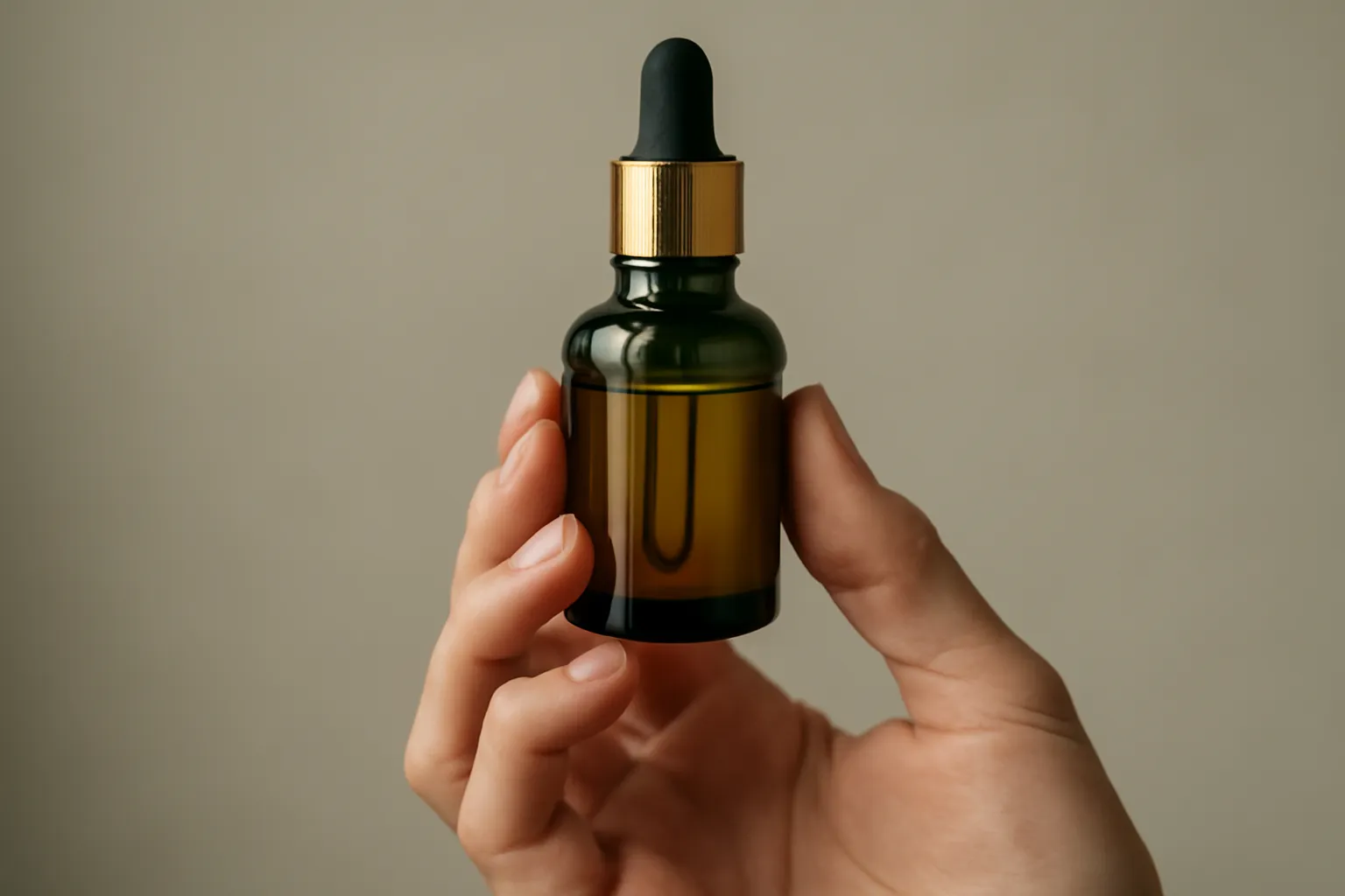 Flacon compte-gouttes de sérum cosmétique tenu entre deux doigts, esthétique magazine premium