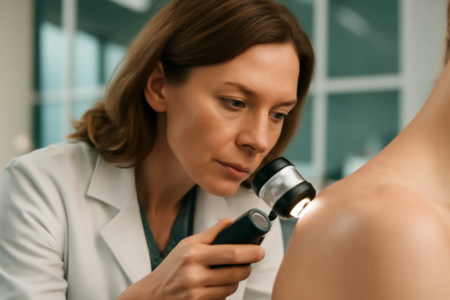Dermatologue examinant la peau d’une patiente au dermatoscope en cabinet