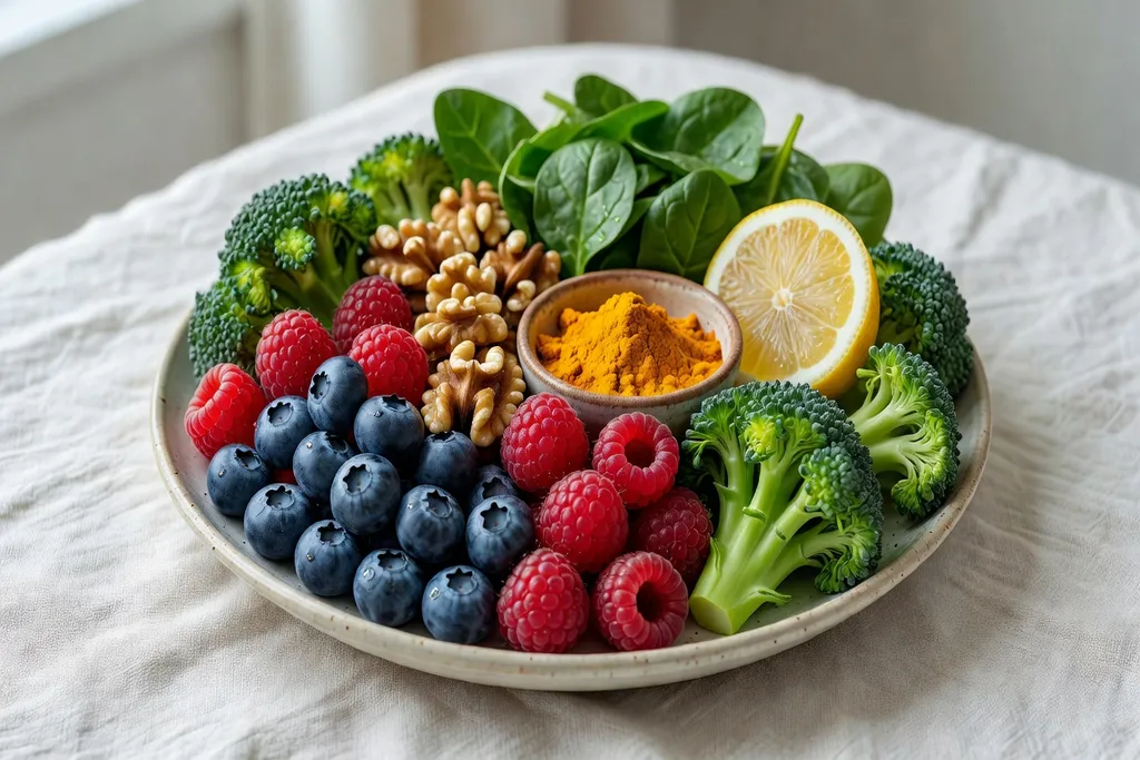 Aliments riches en antioxydants : baies, légumes colorés, noix sur fond bois