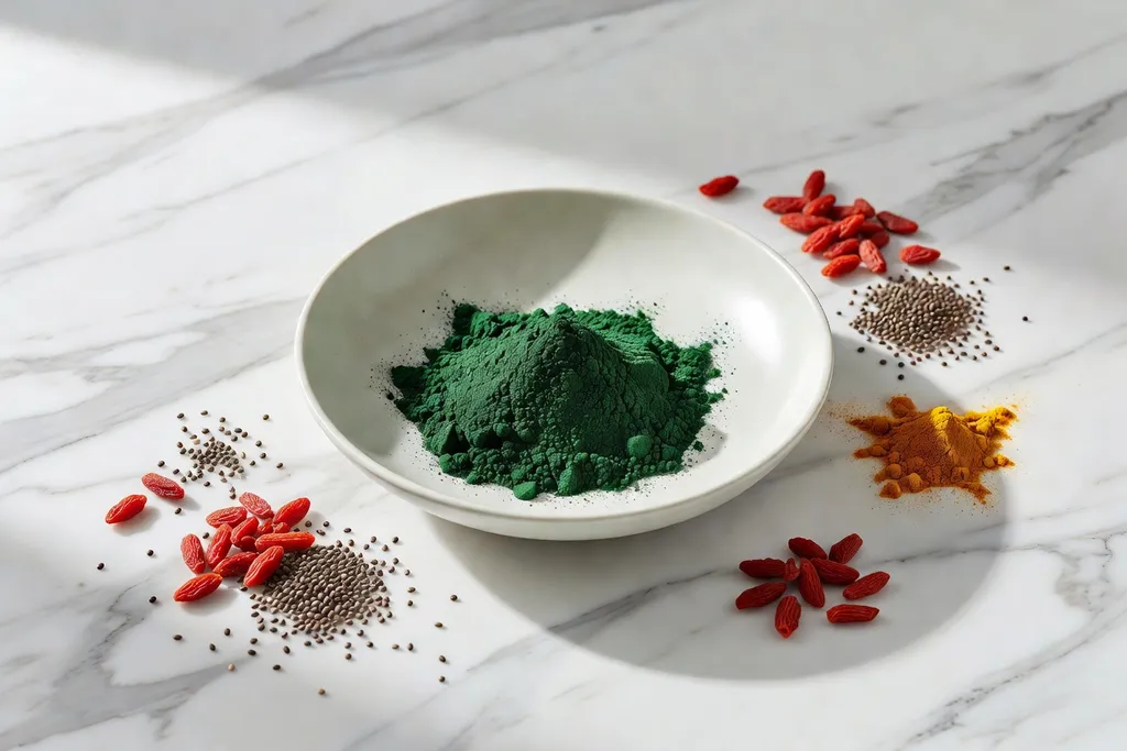 Spiruline en poudre verte et baies de goji rouges, composition minimaliste sur marbre blanc