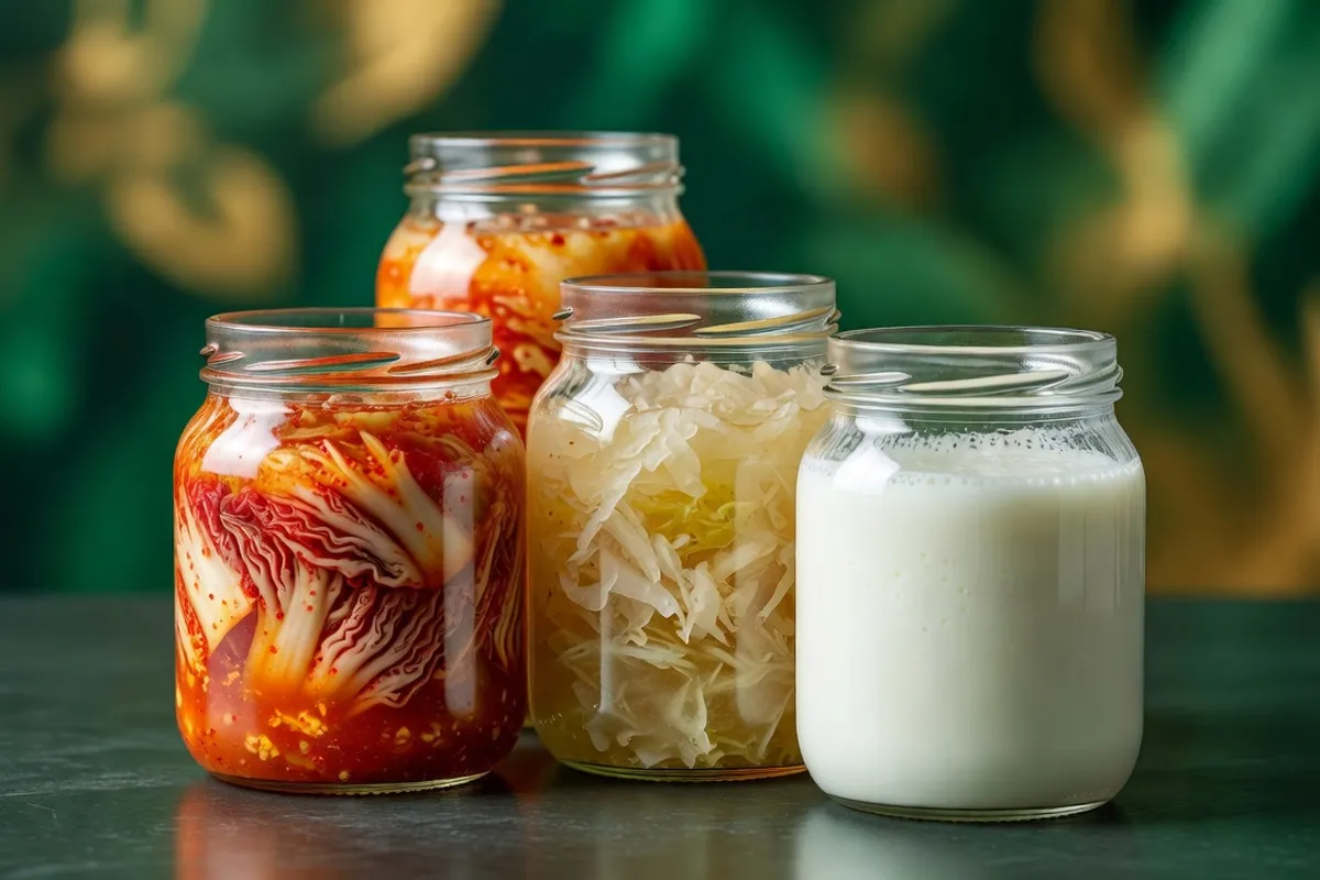 Assortiment coloré d'aliments fermentés : kimchi, choucroute, kéfir et légumes lactofermentés en bocaux