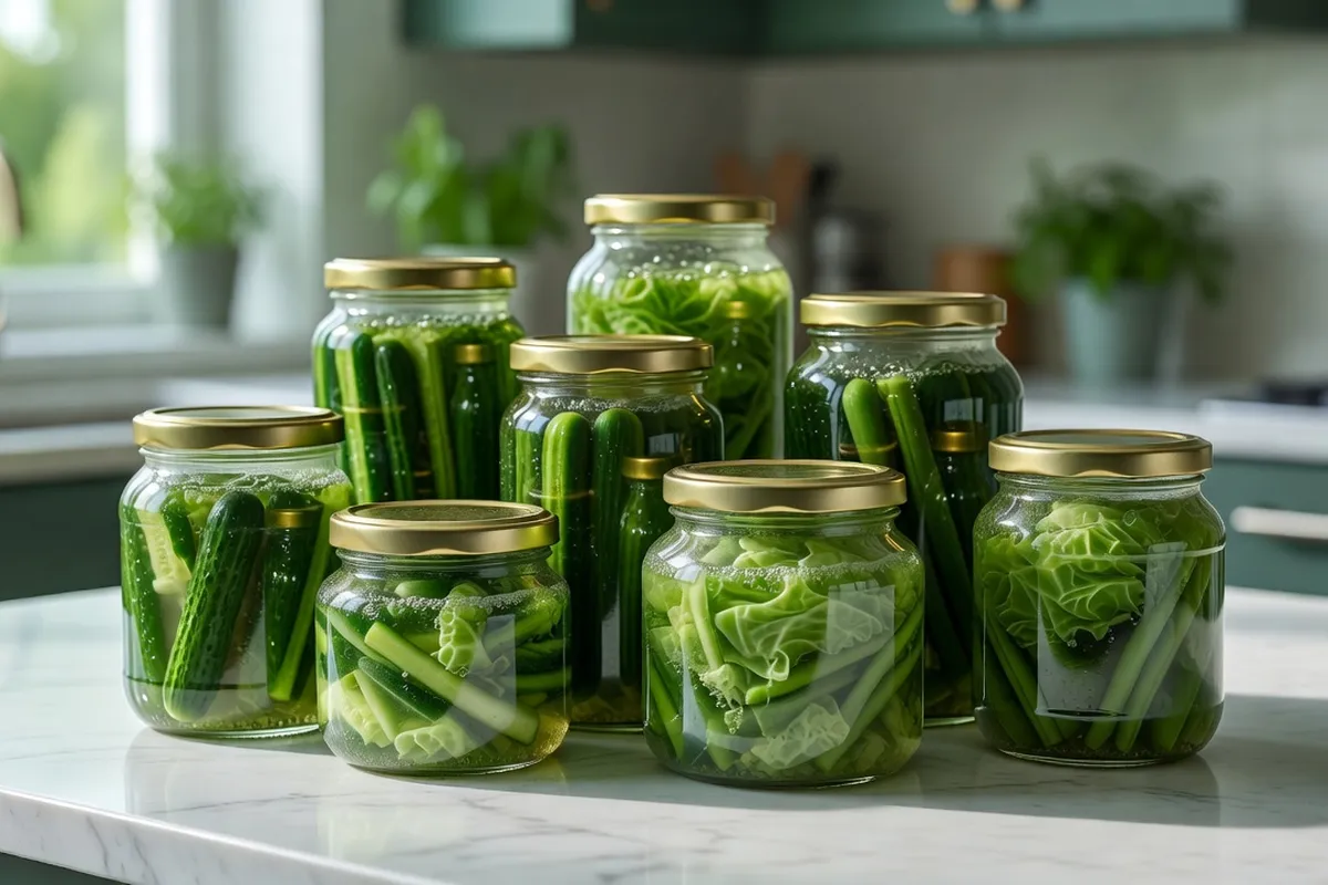Bocaux de légumes en cours de lactofermentation maison, sur un plan de travail lumineux