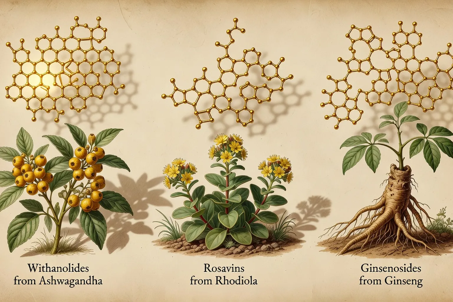Illustration scientifique des composés moléculaires adaptogènes : withanolides de l'ashwagandha, rosavines de la rhodiola, ginsénosides du ginseng, structures moléculaires dorées