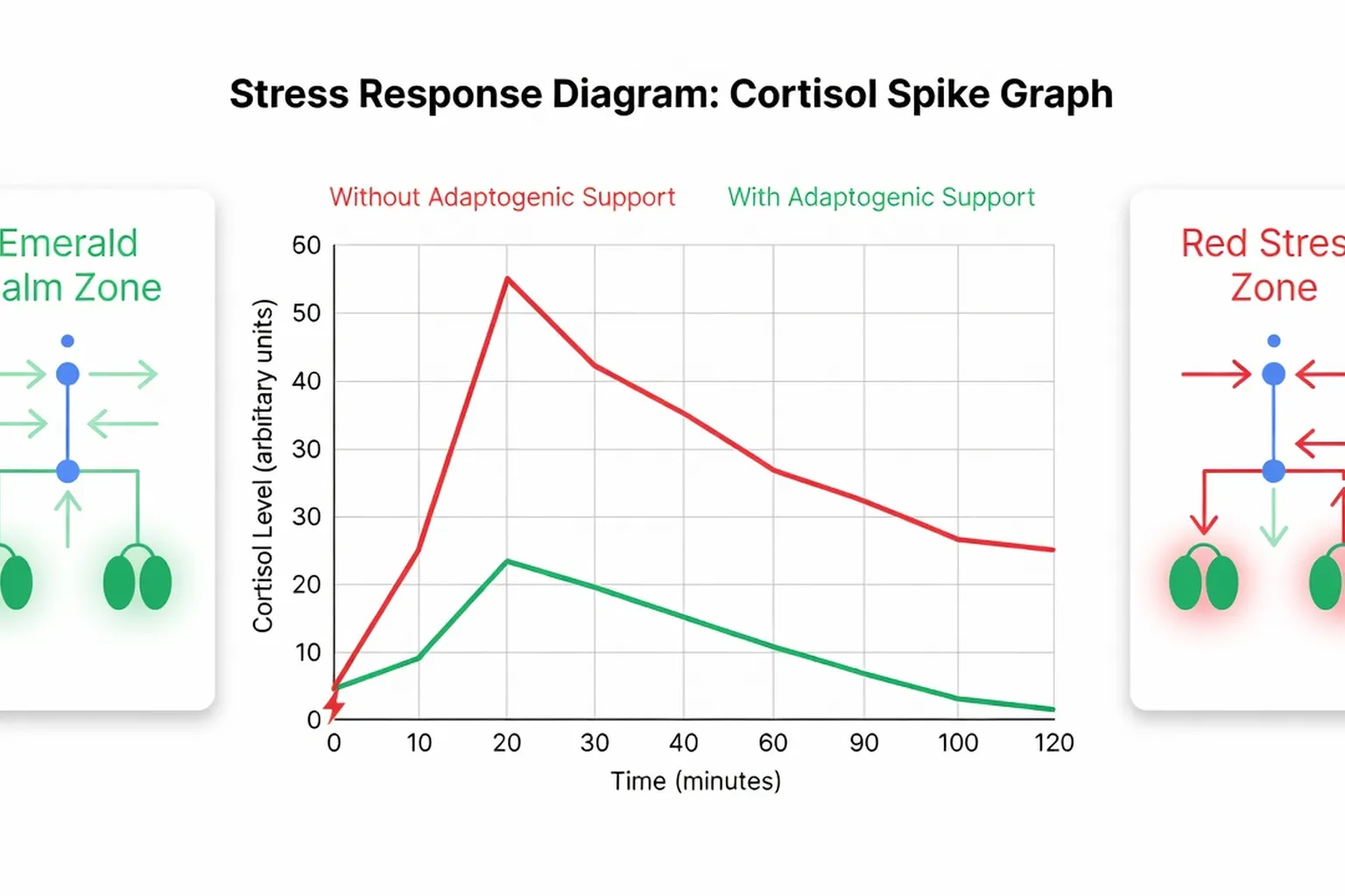 Diagramme réponse au stress : graphique de pic de cortisol avec et sans support adaptogène, axe HPA, zone calme émeraude versus zone rouge stress