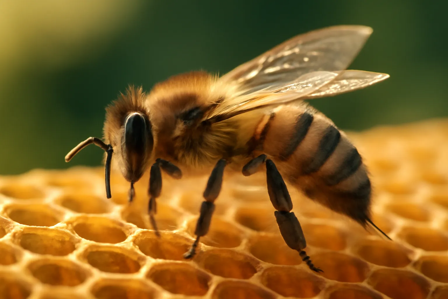 Abeille en gros plan sur un rayon de miel, ailes translucides visibles