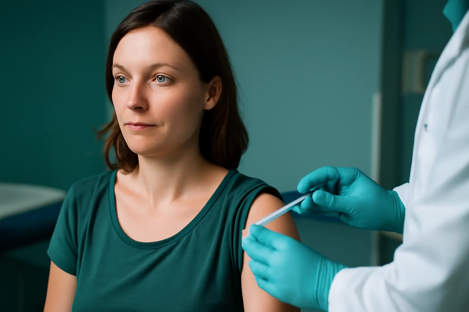 Patiente calme en consultation clinique pendant la préparation d’un point d’injection sur l’épaule