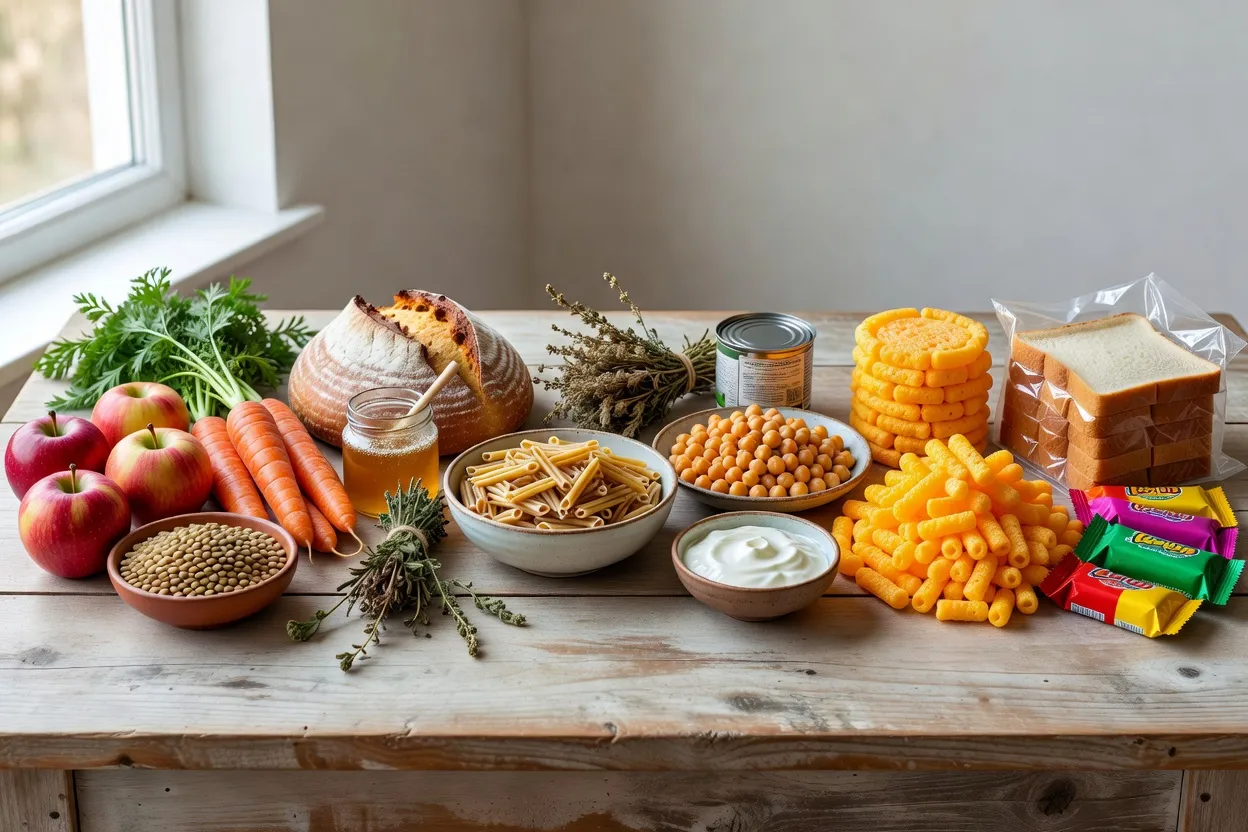 Exemples d'aliments classés selon leur degré de transformation