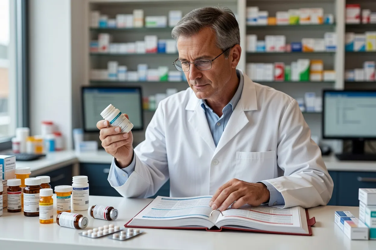 Pharmacien vérifiant une association de traitements
